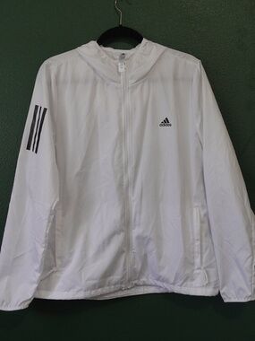 Adidas Mens White Full Zip Hooded Windbreaker Jacket Three Stripe Logo Large